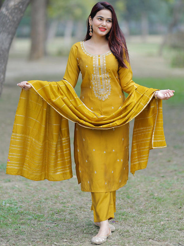 Mustard Yoke Design Silk Blend Straight Suit With Dupatta - Jashvi