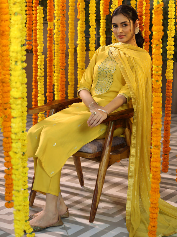 Yellow Yoke Design Silk Blend Straight Suit With Dupatta