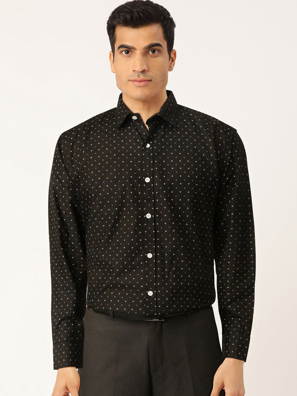 Men's Black Cotton Printed Formal Shirts ( SF 716Black ) - Jainish