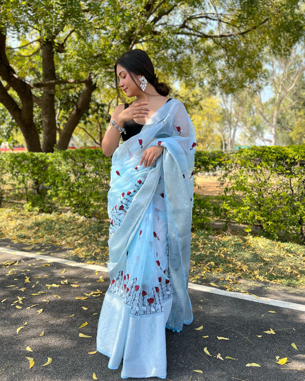 Women's Sky Blue Embroidery Saree - VAMSEE