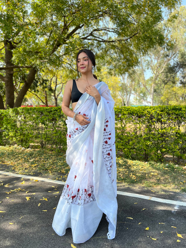 Women's White Embroidery Saree - VAMSEE