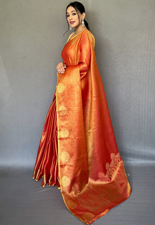 Women's Rust Orange Gulabo Banarasi Tissue Silk Zari Saree - Tasarika