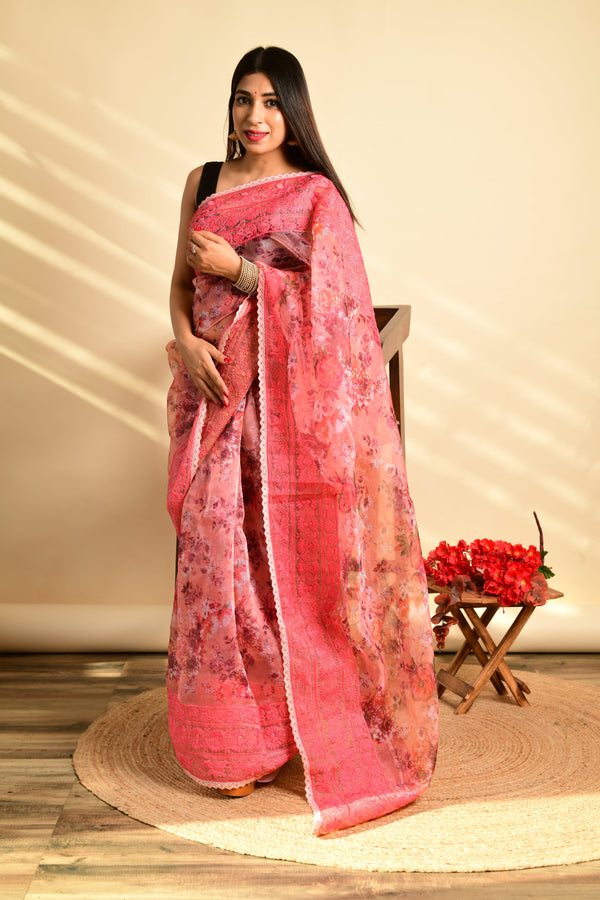 Women's  Pink Digital Printed Saree - VAMSEE