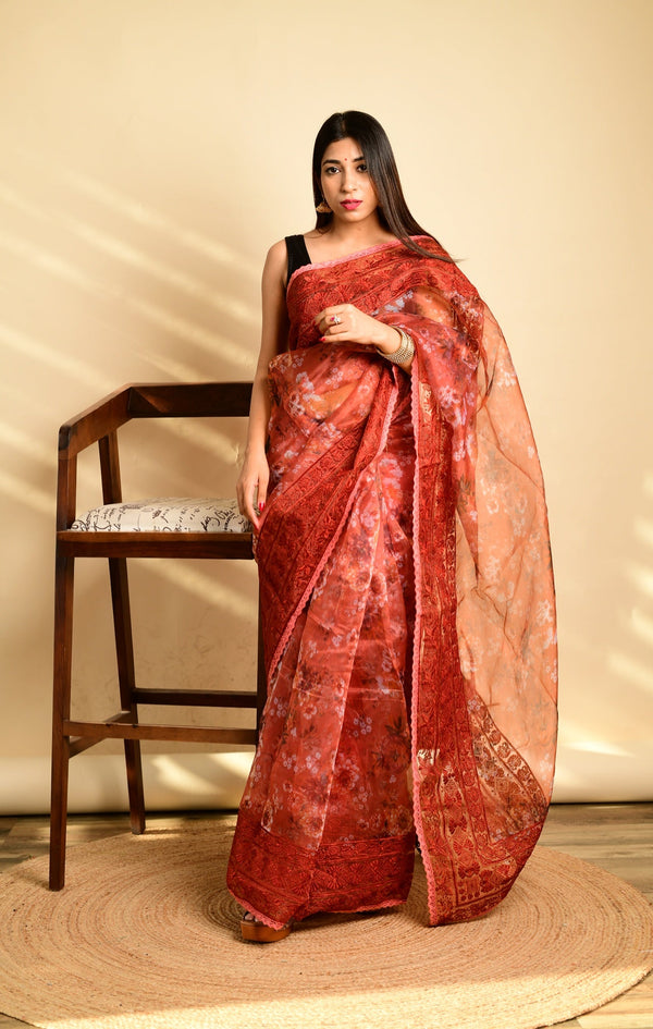 Women's  Red Digital Printed Saree - VAMSEE