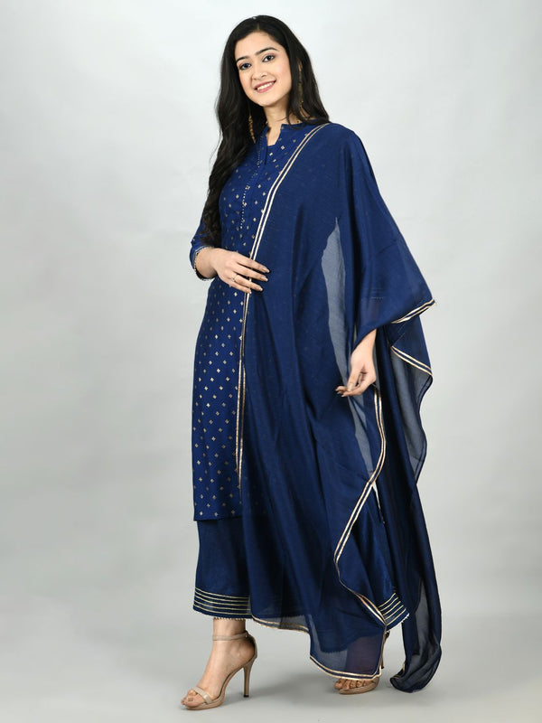 Women's Navy Blue Georgette Printed 3/4 Sleeve Mandarin Neck Casual Kurta Cammy Set - Myshka