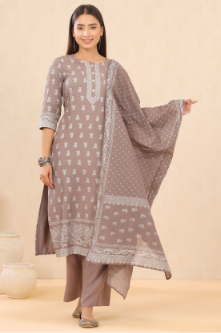 Women's Grey Rayon Printed Straight Kurta Palazzo Dupatta Set - Juniper