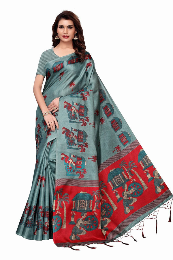 Women's Vamika Mehendi Green Kalamkari With Jhalar Khadi Silk Saree Village Sea Green - Vamika