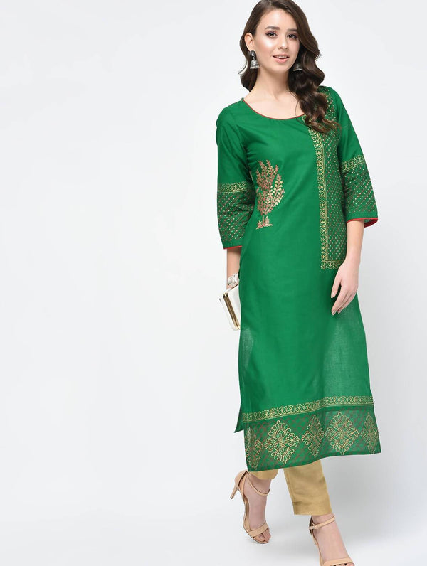 Women's Green Hand Block Print Straight Kurta Only - Cheera