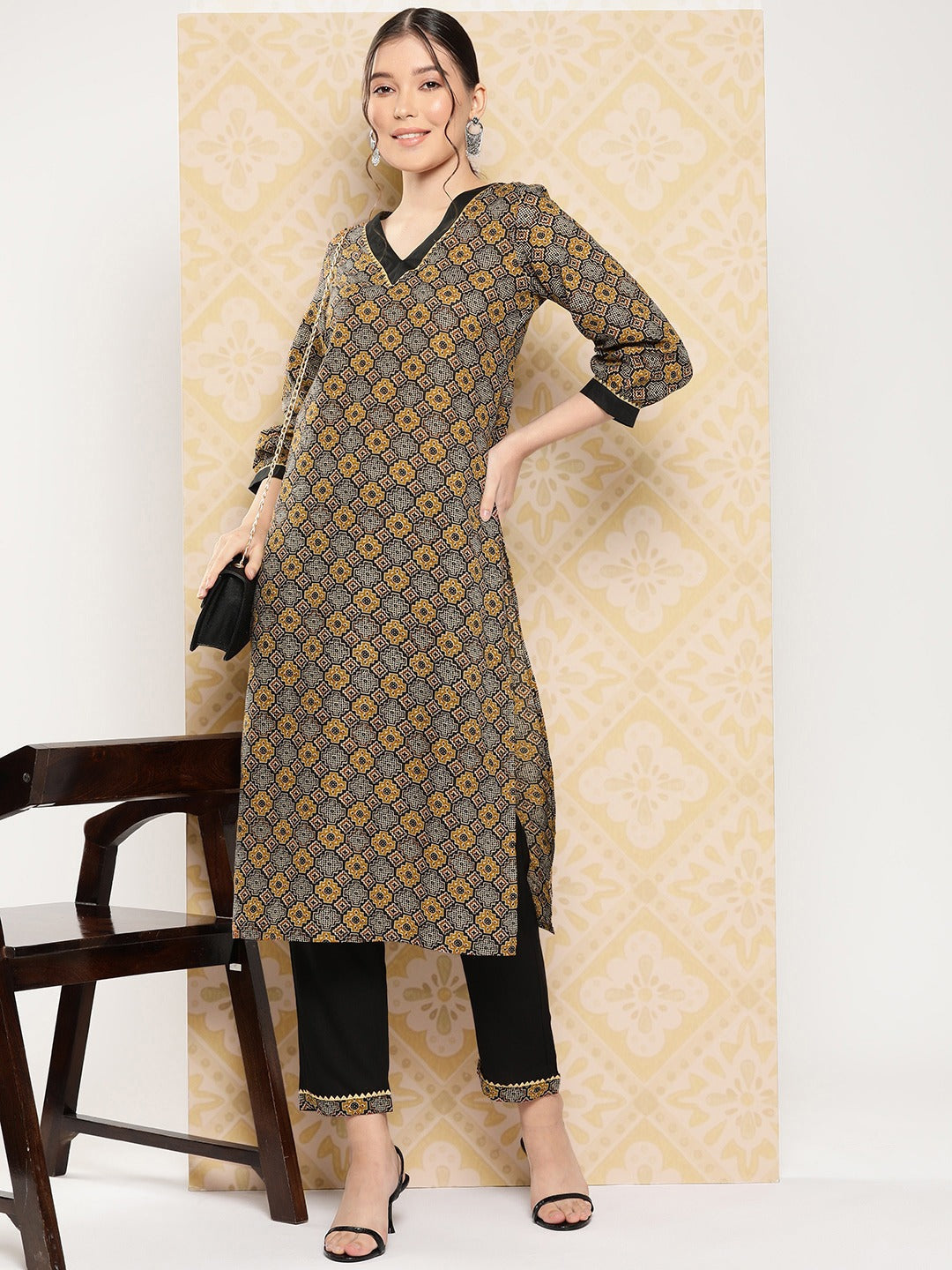 Geometric Printed Regular Pure Cotton Kurta with Trousers-Indiakreations-JS1400SETBRS