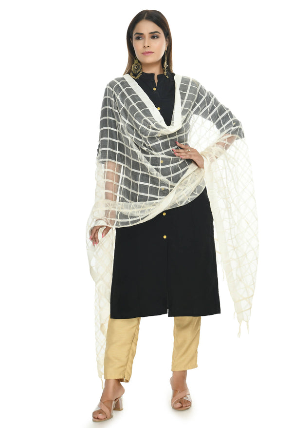 Women's Square Design Off White Dupatta & Chunni Mfd0008 - Moeza