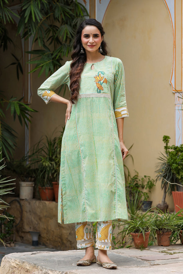 Women's Neerja Jaipuri Handblock Kurta with Pant-Gillori