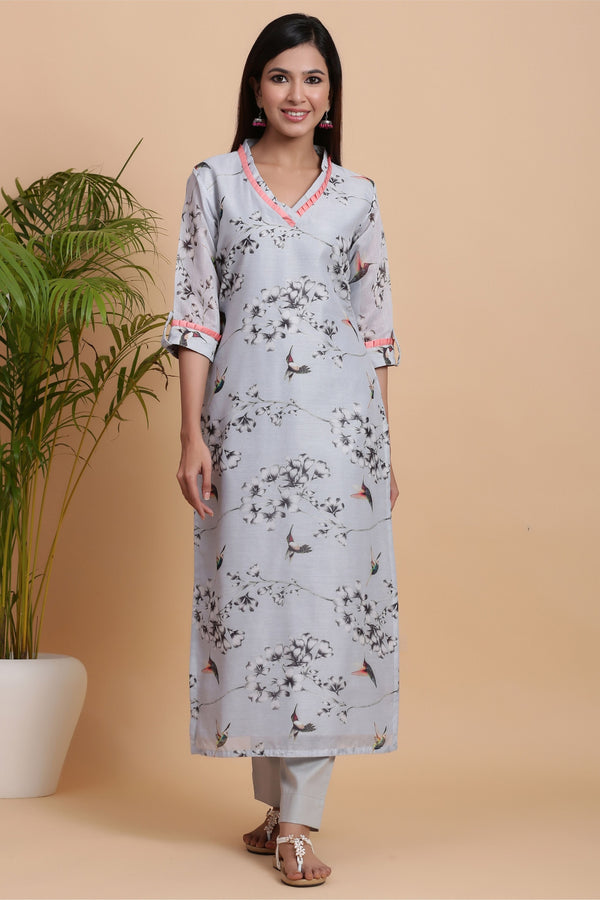 Women's  Ash Grey Chanderi Kurta with Pant - Gillori