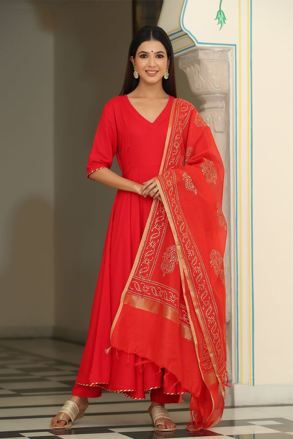 Women's  Jaipuri Rose Red Suit Set - Gillori