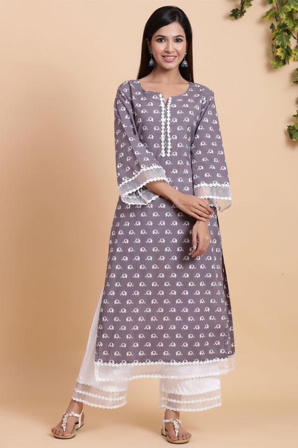 Women's  Handblock Kurta Palazzo Set - Gillori