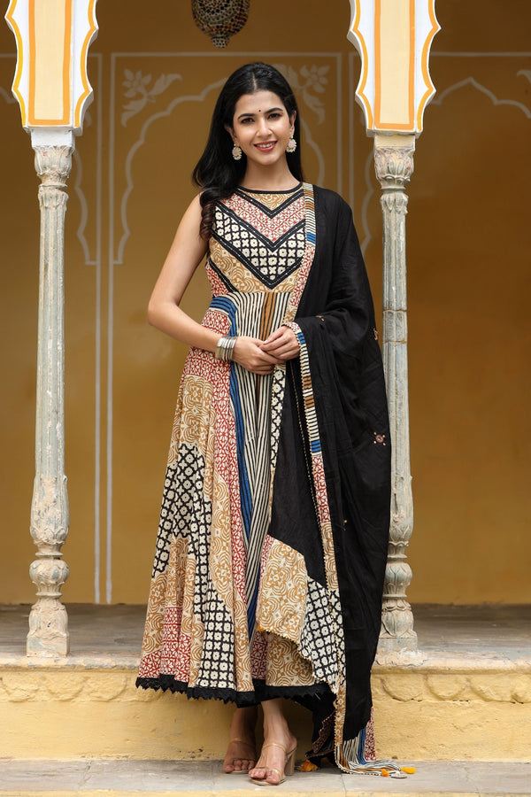 Women's Melange Jaipuri Bagru Hand-block Printed Suit Set-Gillori