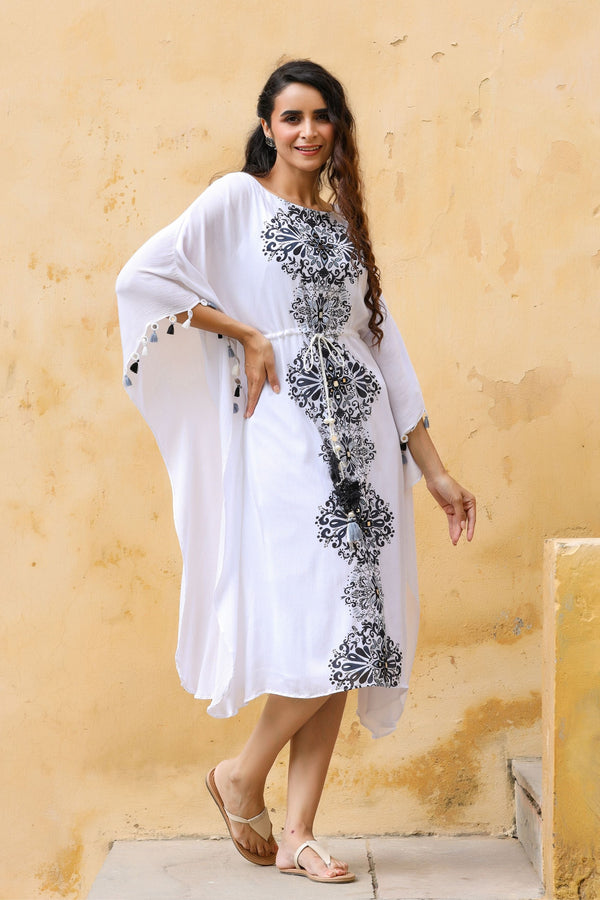 Women's White Cotton Crape Kaftan Dress with Inner-Gillori