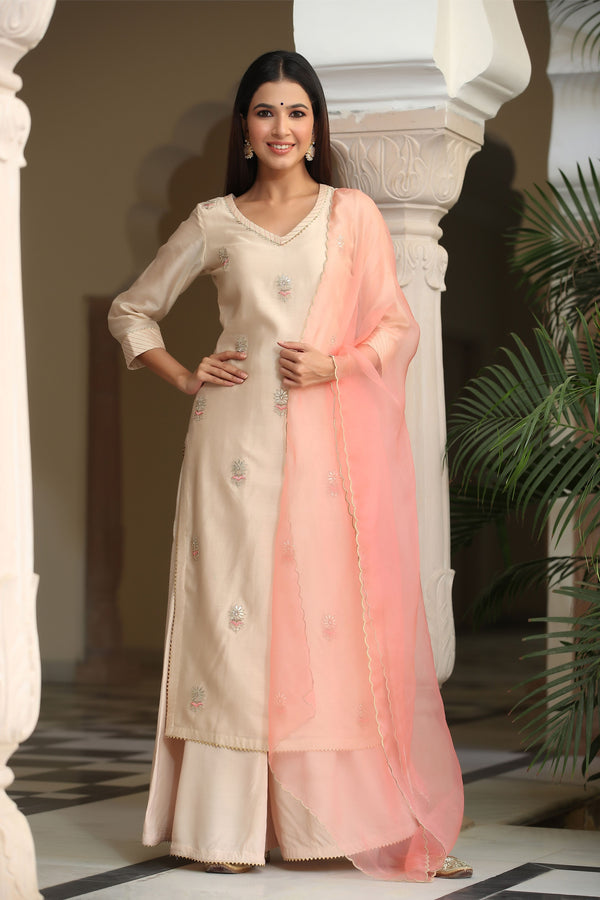 Women's  Pure Chanderi Suit Set with Dupatta - Gillori