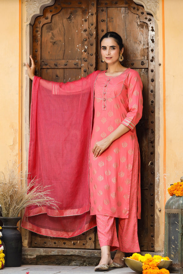 Women's Peach Gold Printed Suit Set with Dupatta-Gillori