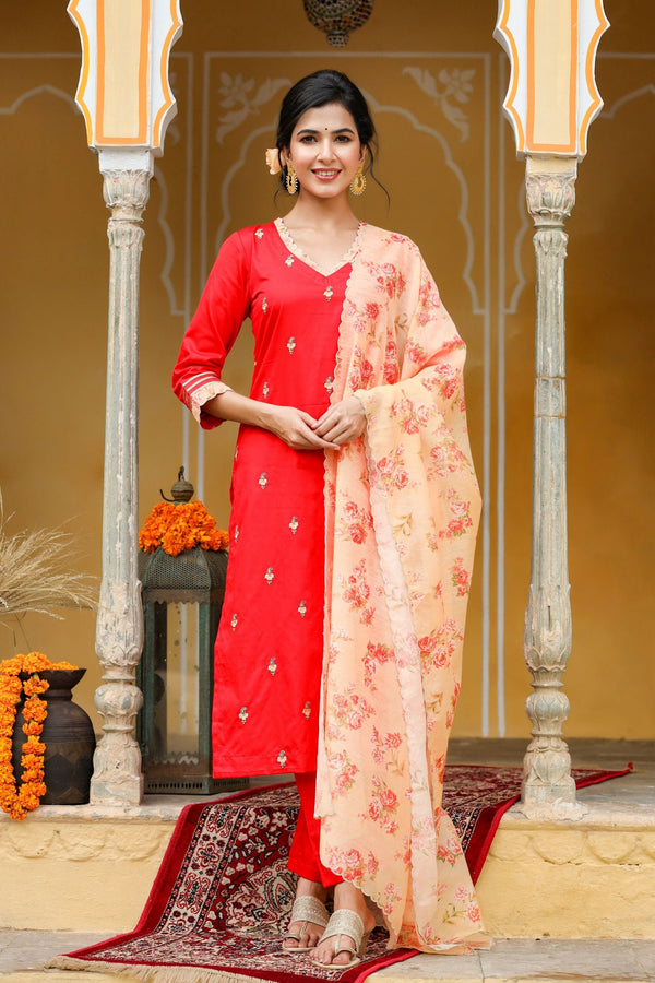 Women's Scarlet Red Embroidered Suit Set-Gillori