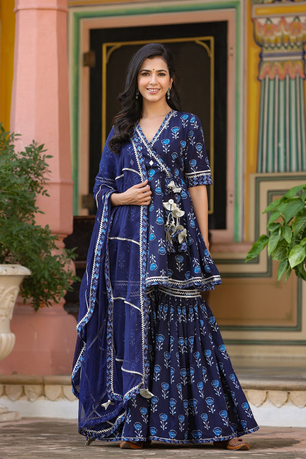 Women's Indigo Handblock Sharara Set-Gillori