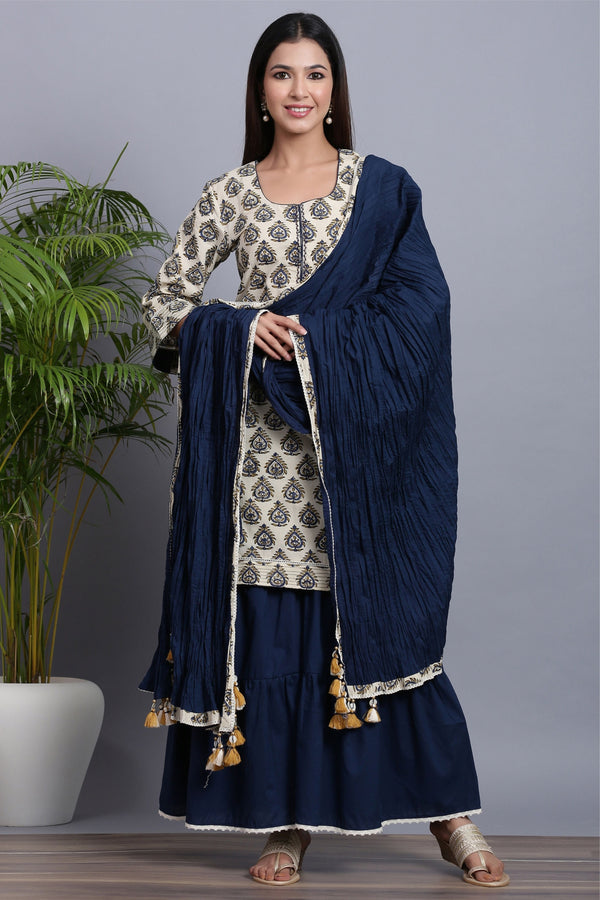 Women's  Handblock Mirror Work Sharara Dupatta set - Gillori