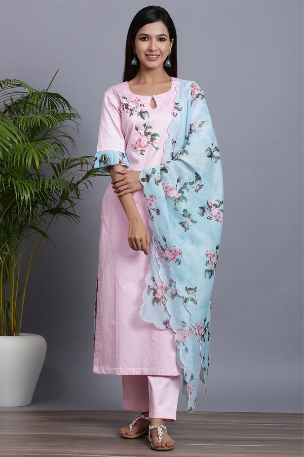 Women's  Pastel Pink Patch Work Kurta Set - Gillori