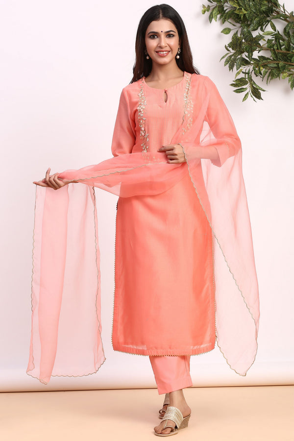 Women's Cosmic Peach Pure Chanderi Suit Set-Gillori