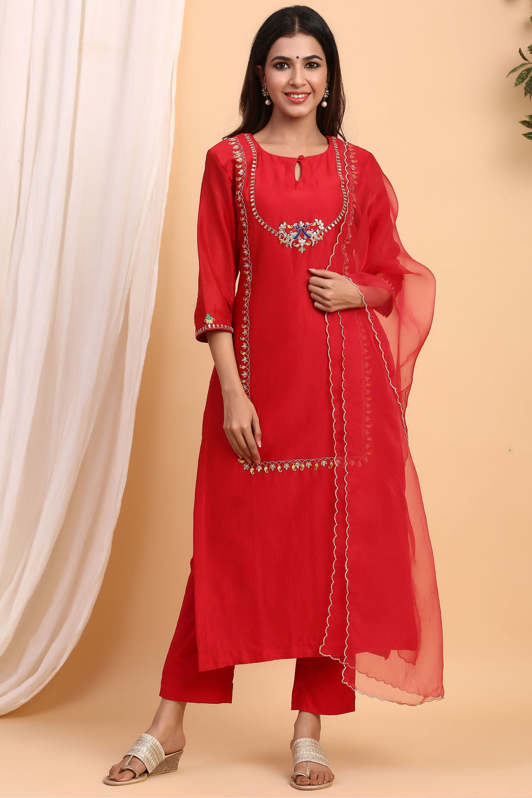 Women's  Gulmohar Chanderi Embroidered Suit Set - Gillori