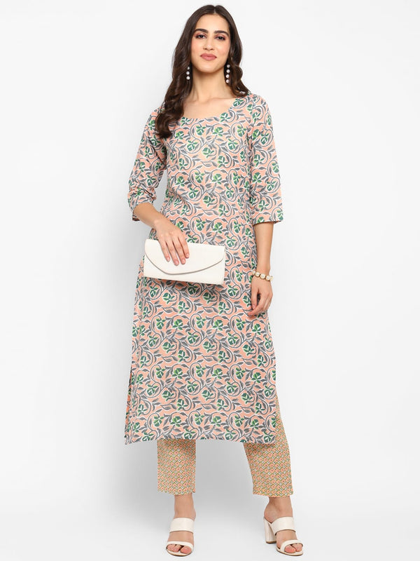 Women's Peach Printed Kurta Pant Set - Noz2Toz