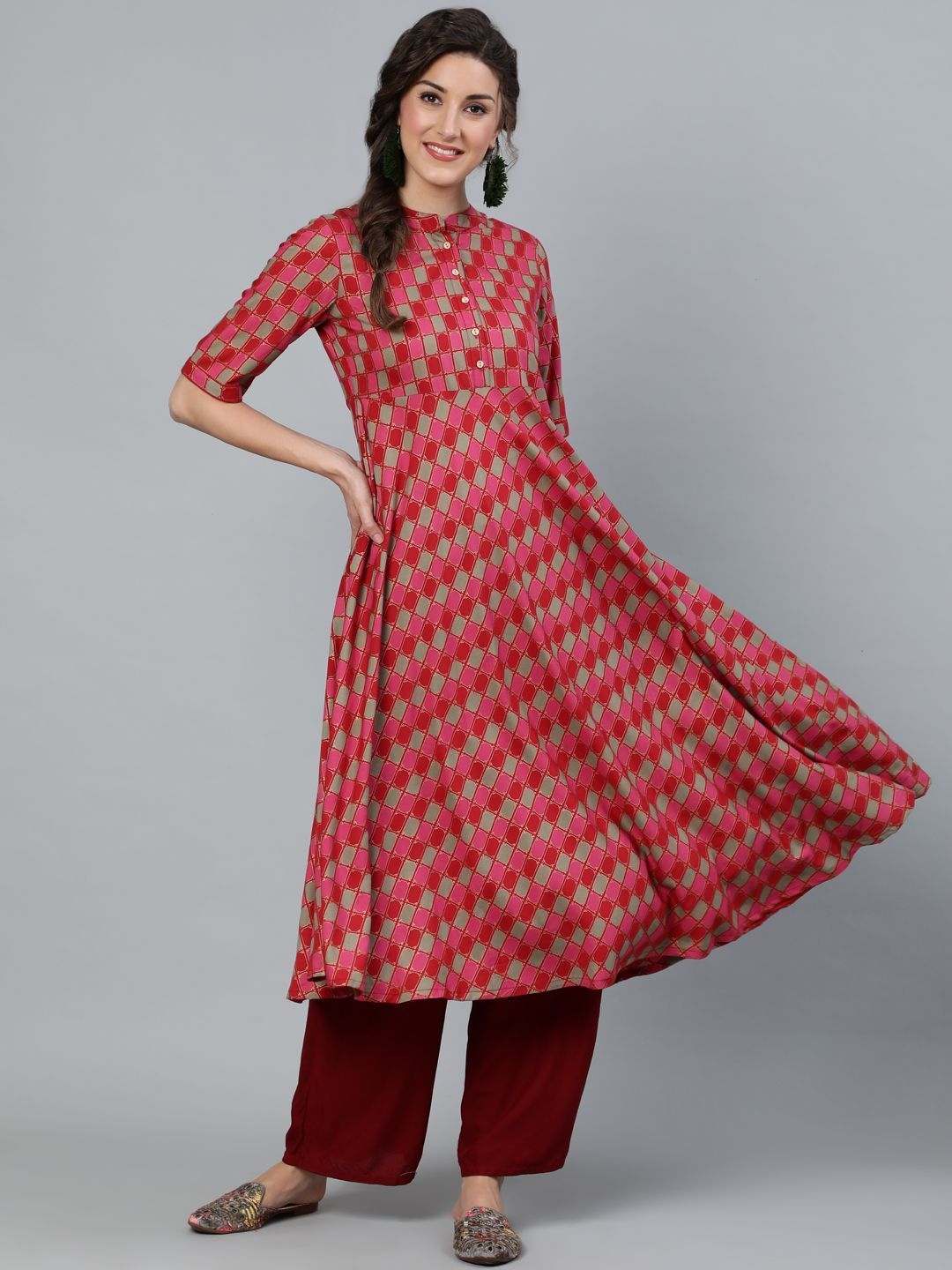 Women's Red Gold Printed Flared Anarkali - AKS