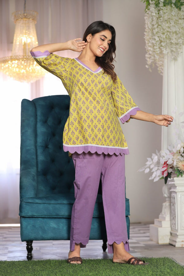 Women's Gracy Yellow Purple Kurti Set - Lado Jaipuri