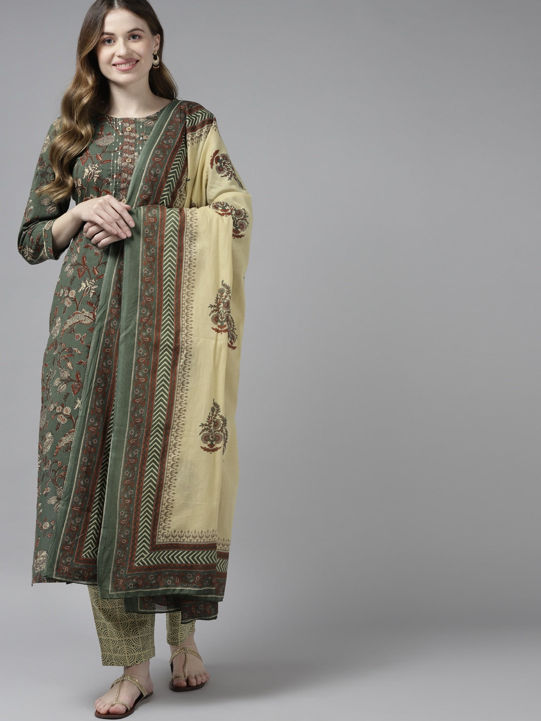 Green & Beige Printed Dupatta Set-Indiakreations-JS9396SKDGRS