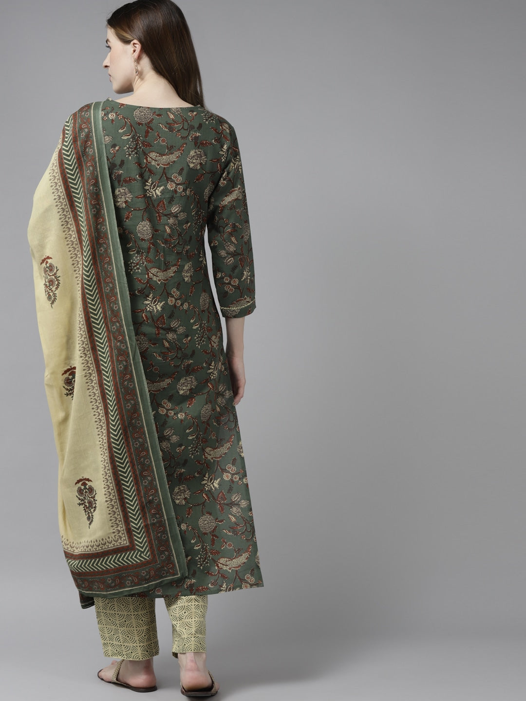 Green & Beige Printed Dupatta Set-Indiakreations-JS9396SKDGRS