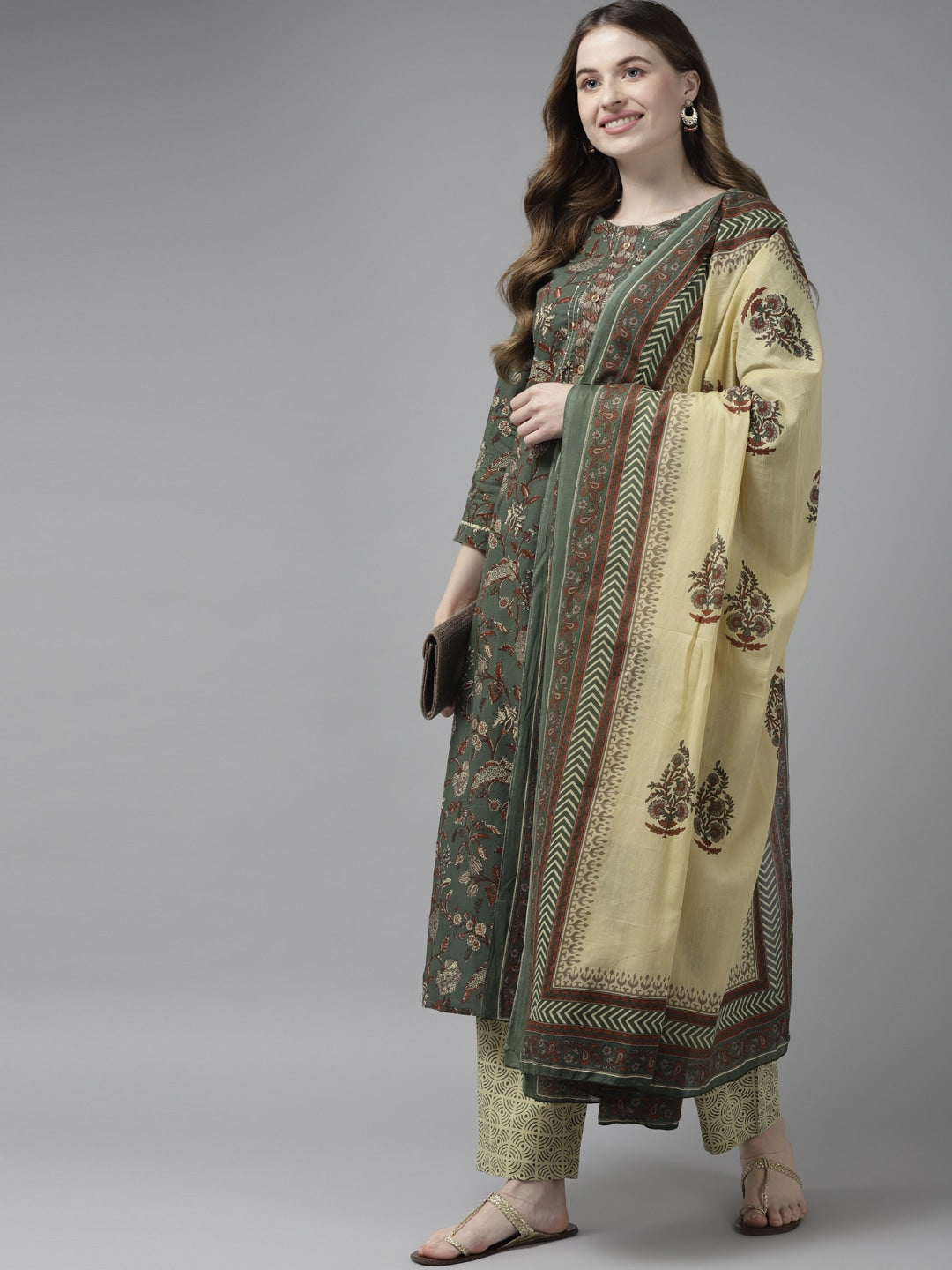 Green & Beige Printed Dupatta Set-Indiakreations-JS9396SKDGRS