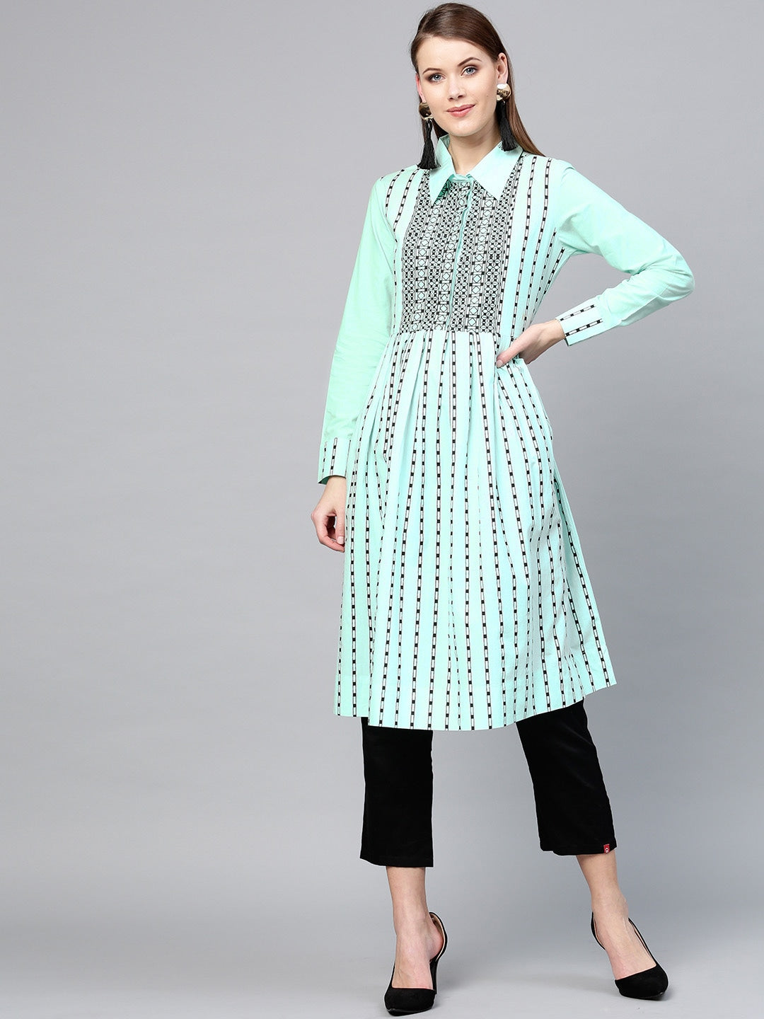 Green & Black Striped Tunic-Indiakreations-JSYUFDGKU1909XS