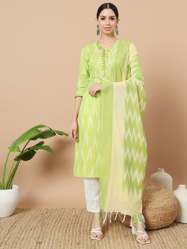 Green Cotton Ikat Kurta Dupatta Set-Indiakreations-JS1893SKDGRS