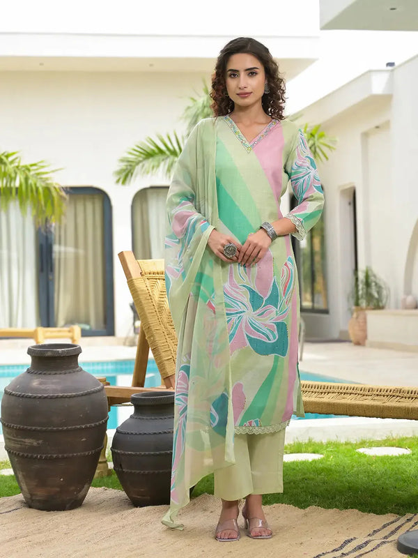 Green Digital Floral Print Linen Cotton Have A Lining Kurta Trouser And Dupatta Set-Indiakreations-JS6870SKDGRS