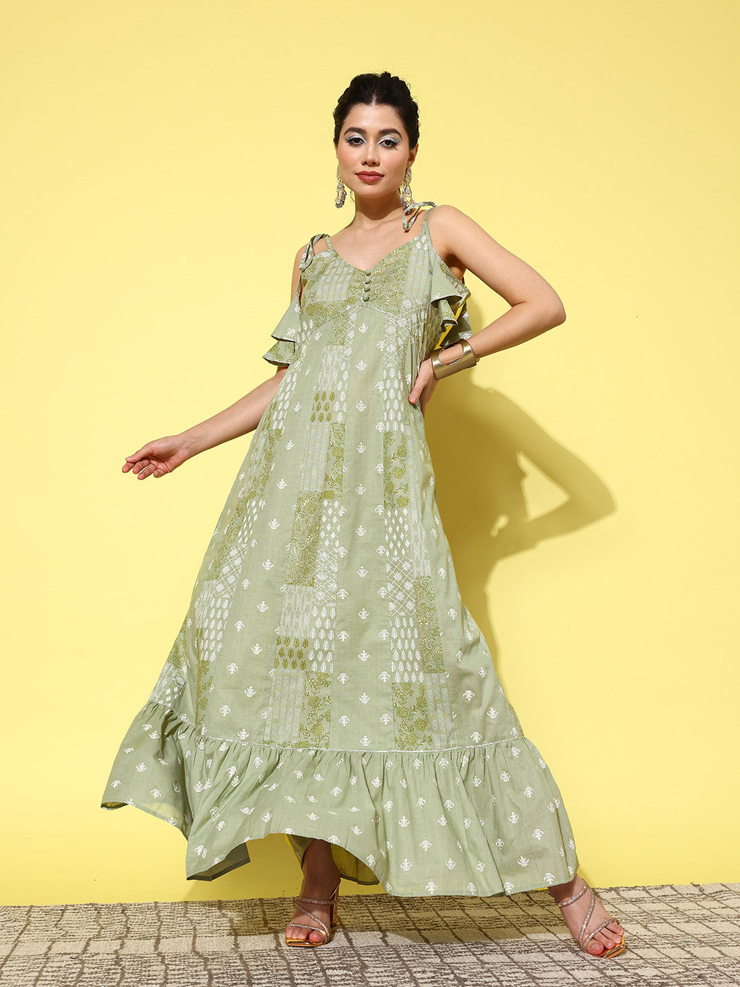 Green Ethnic Motifs Print Cotton A-Line Maxi Dress-Indiakreations-JS1441DRSGRS