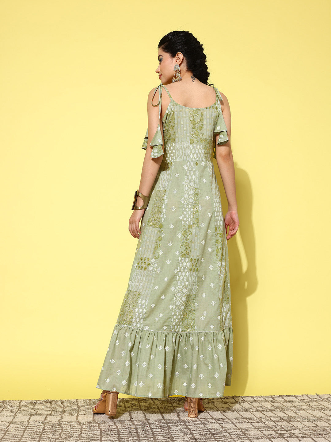 Green Ethnic Motifs Print Cotton A-Line Maxi Dress-Indiakreations-JS1441DRSGRS