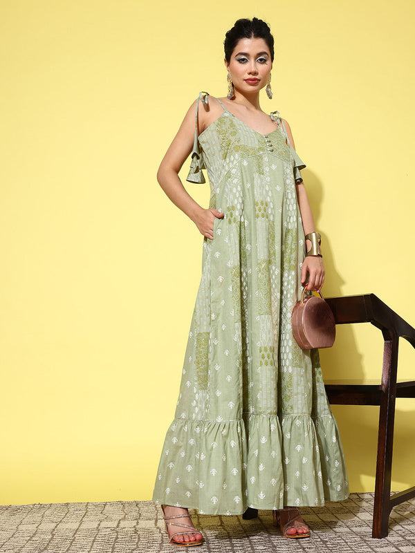 Green Ethnic Motifs Print Cotton A-Line Maxi Dress-Indiakreations-JS1441DRSGRS