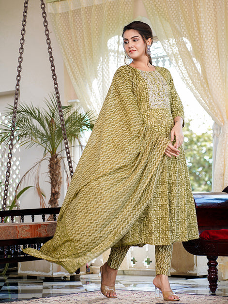 Green Ethnic Motifs Printed Regular Thread Work Pure Cotton Kurta with Trousers & With Dupatta-Indiakreations-JS1620SKDGRS