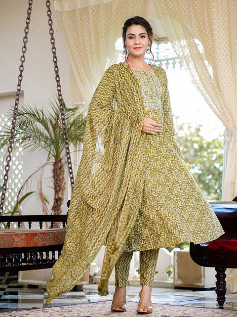 Green Ethnic Motifs Printed Regular Thread Work Pure Cotton Kurta with Trousers & With Dupatta-Indiakreations-JS1620SKDGRS