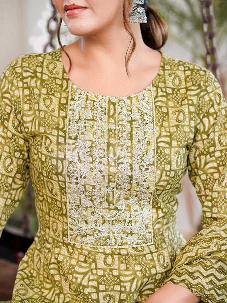 Green Ethnic Motifs Printed Regular Thread Work Pure Cotton Kurta with Trousers & With Dupatta-Indiakreations-JS1620SKDGRS