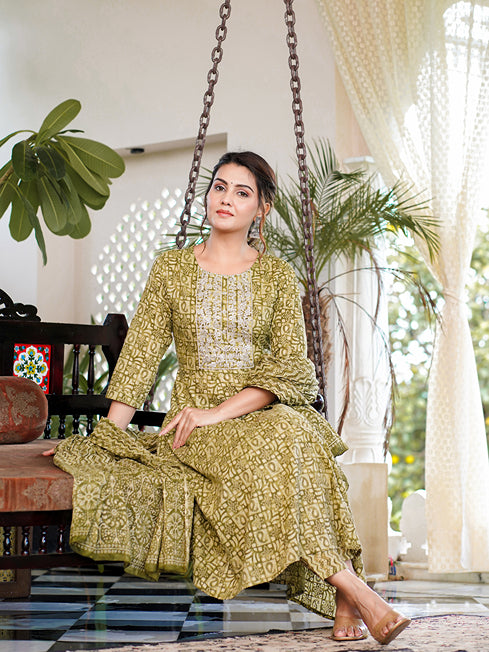 Green Ethnic Motifs Printed Regular Thread Work Pure Cotton Kurta with Trousers & With Dupatta-Indiakreations-JS1620SKDGRS