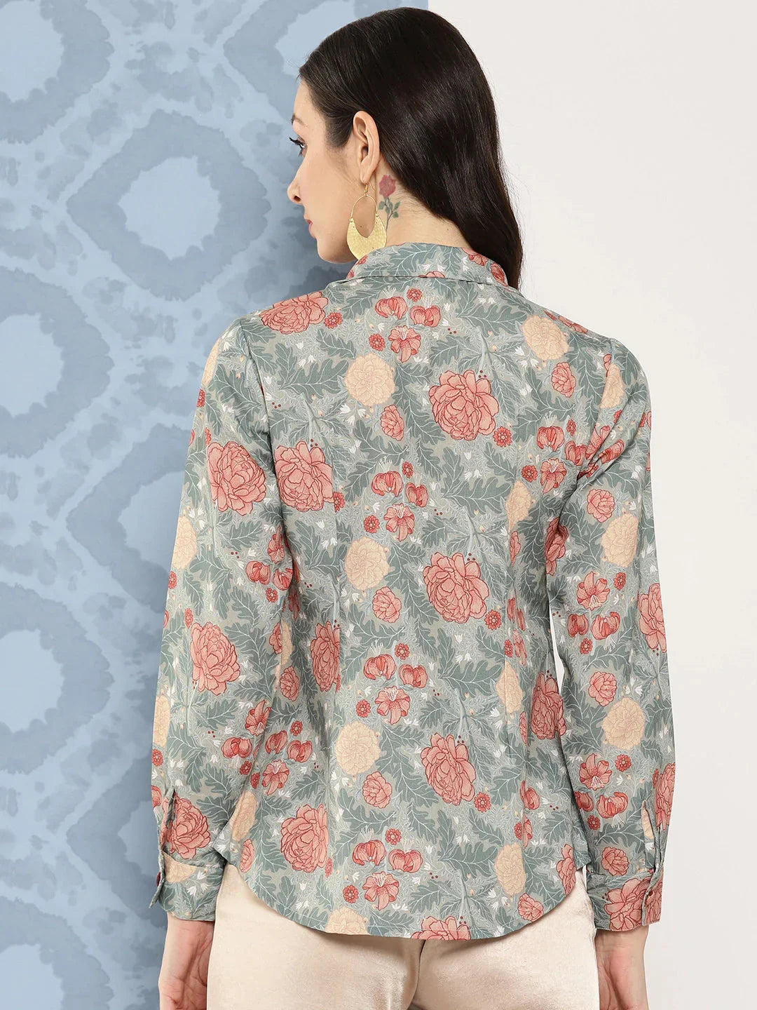 Green Floral Opaque Printed Casual Shirt-Indiakreations-JS1419TOPGRS