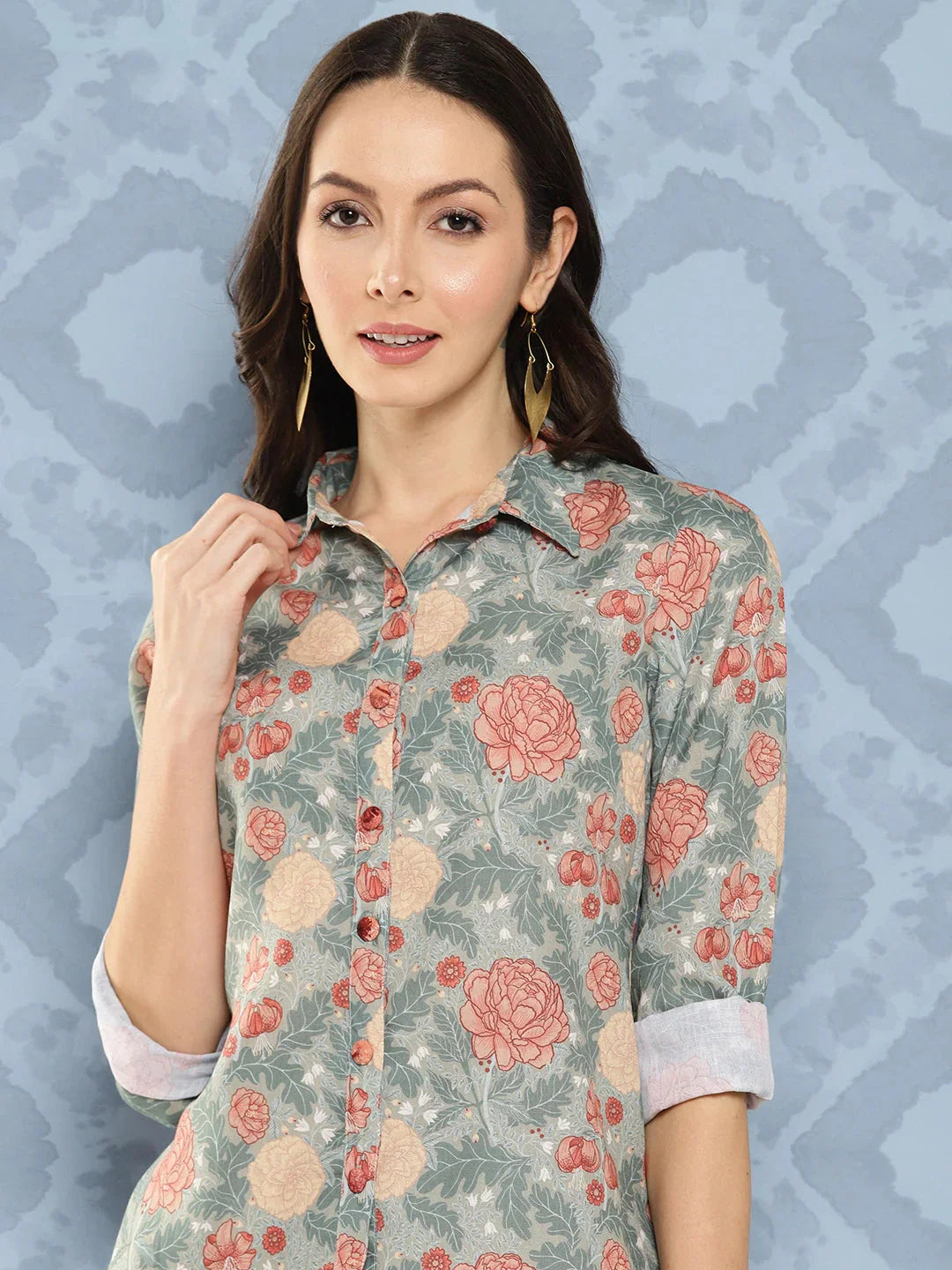 Green Floral Opaque Printed Casual Shirt-Indiakreations-JS1419TOPGRS