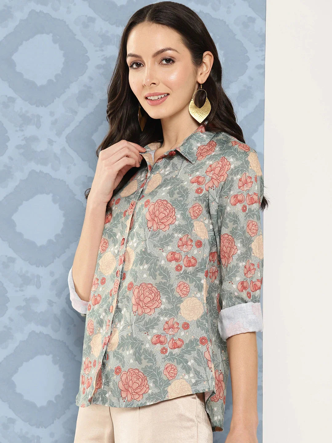 Green Floral Opaque Printed Casual Shirt-Indiakreations-JS1419TOPGRS