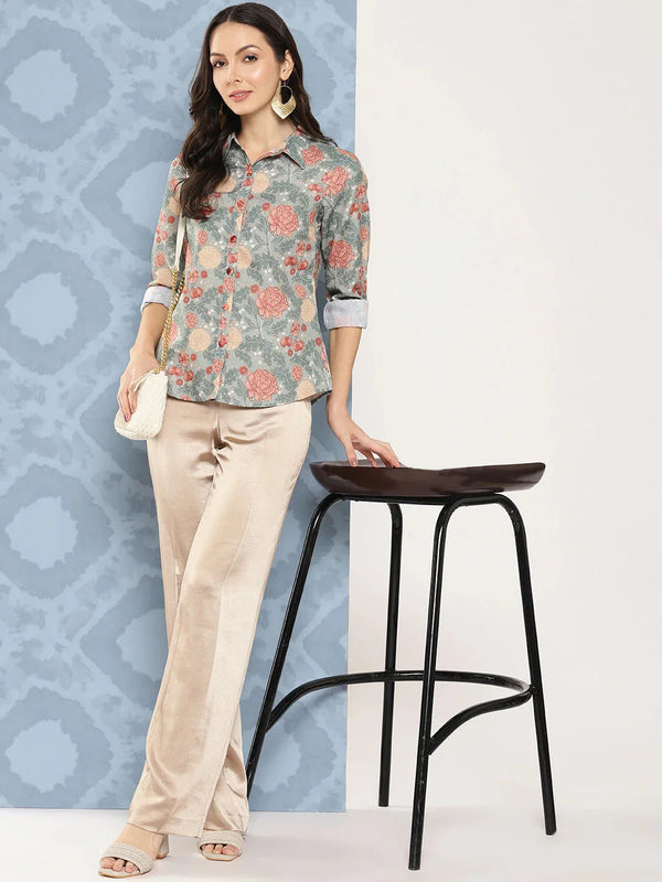 Green Floral Opaque Printed Casual Shirt-Indiakreations-JS1419TOPGRS