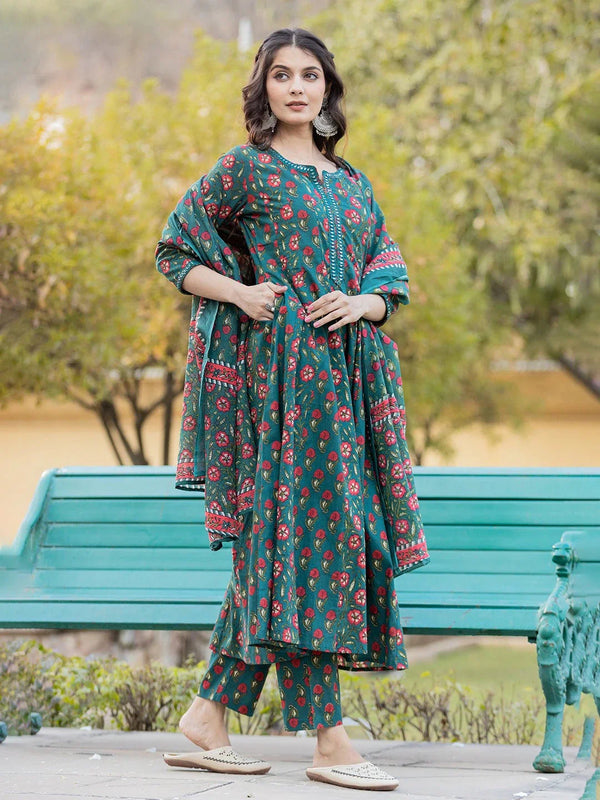 Green Floral Print Mirror_Work Anarkali Kurta Trouser And Dupatta Set-Indiakreations-JS1745SKDGRS