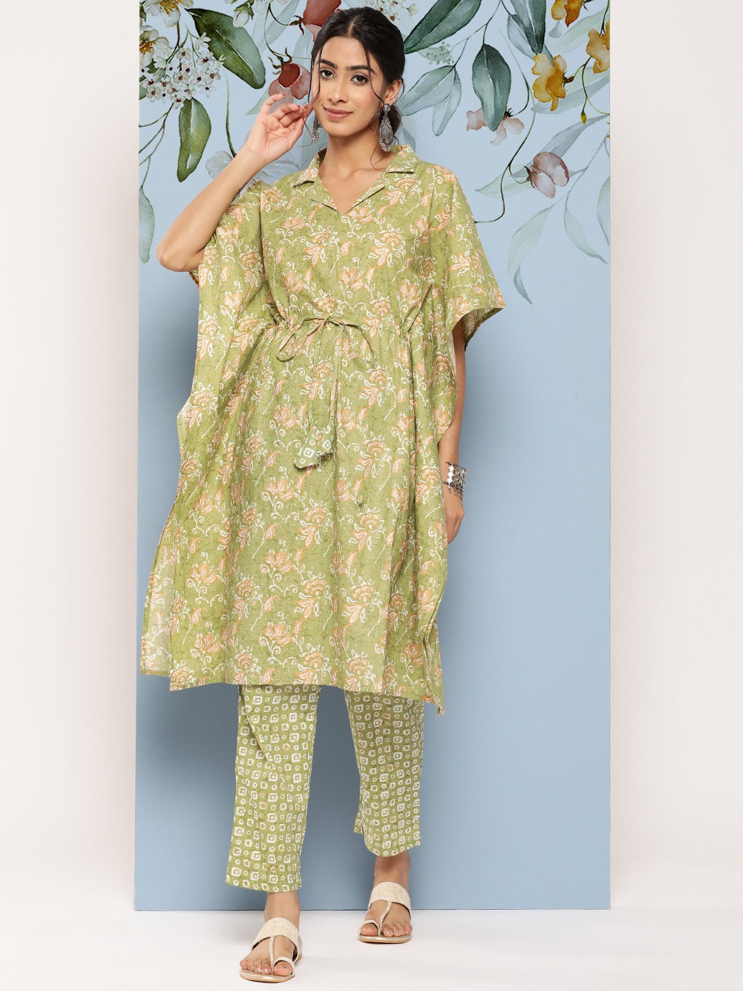 Green Floral Printed Kaftan With Trousers-Indiakreations-JS8512CRDGRS